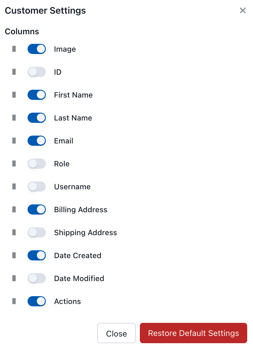 Customers Settings